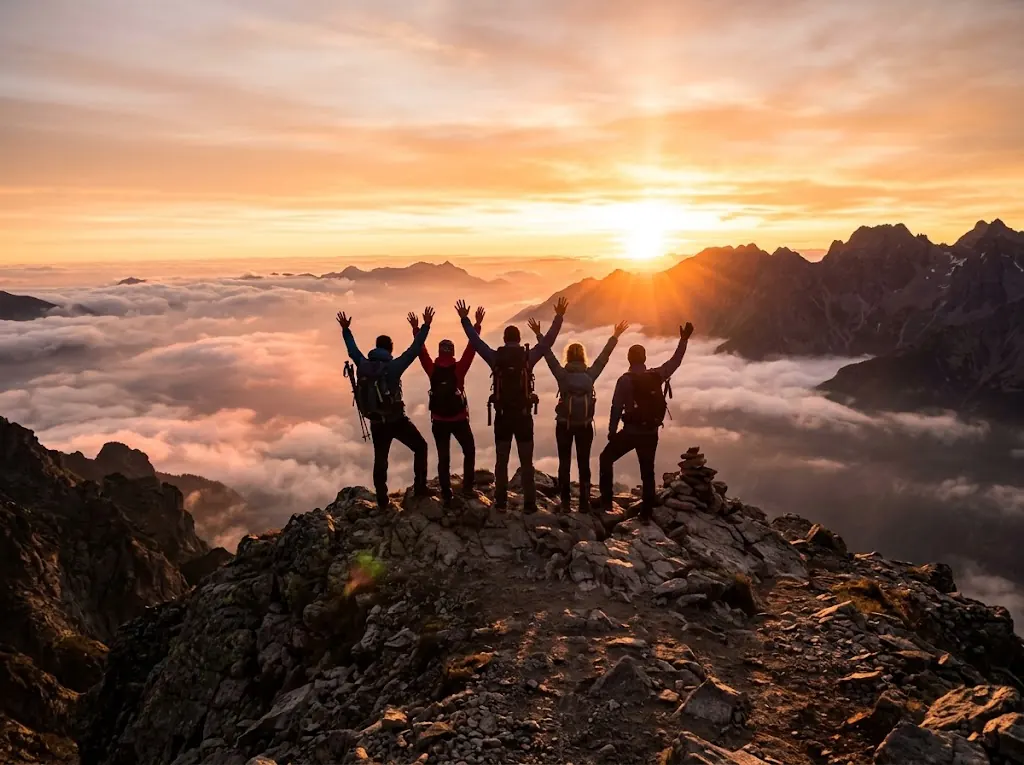 Grupo de cinco senderistas celebrando con los brazos arriba en una cumbre, a contraluz del amanecer