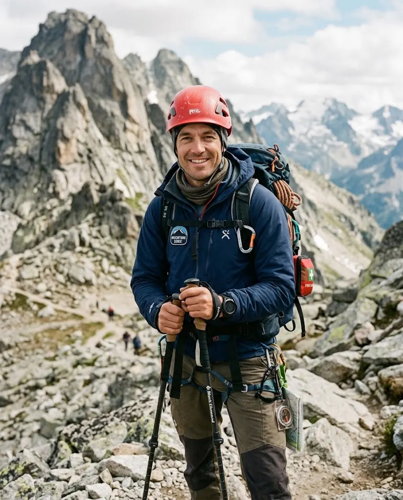 Guía de montaña con casco rojo y bastones, sonriendo en un sendero rocoso