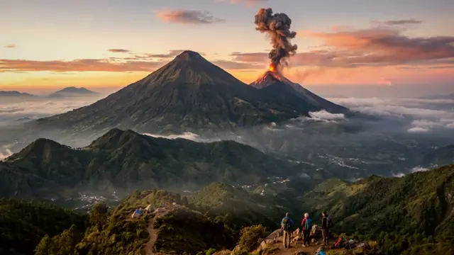Senderistas en la cima frente al Volcán de Agua y el Volcán de Fuego en erupción, sobre un mar de nubes
